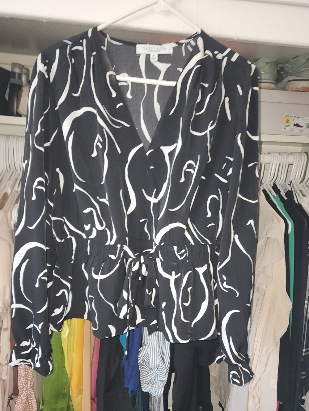 Sweet Rain Black and White Abstract Wrap Blouse